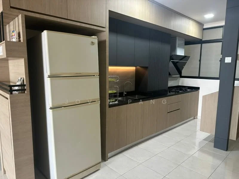 Kitchen features: white fridge, black cabinetry, wooden cabinetry, black countertop, stainless-steel range hood, built-in gas hob, single-bowl stainless-steel sink, chrome pull-down faucet, ceramic tile flooring, recessed downlights, wall-mounted cabinets, open shelving; style: modern.