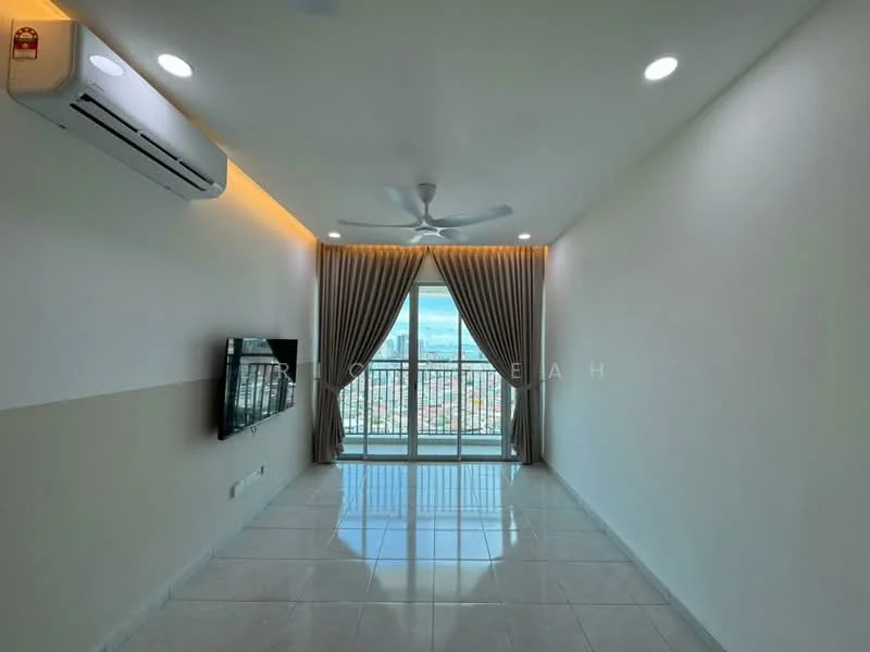 Living features: white painted walls, glossy tile flooring, 5-blade ceiling fan with light, wall-mounted TV, floor-to-ceiling windows, sliding glass door, sheer curtains, recessed downlights; style: modern; view: city.