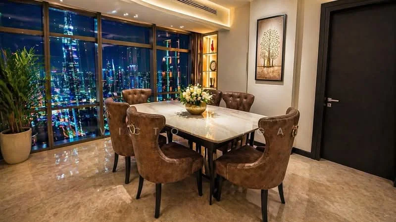 Dining features: 6-seater dining table, marble tabletop, upholstered dining chairs in brown, floor-to-ceiling windows, city skyline view, decorative vase with flowers, wooden shelving unit, wall art with tree design, recessed lighting, cream painted walls, polished stone flooring; style: modern; view: city.