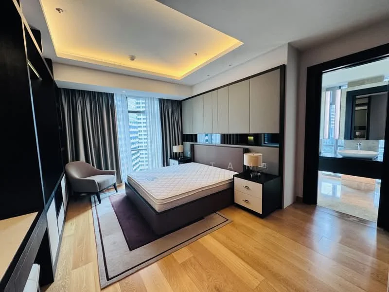 Bedroom features: queen-size bed, upholstered headboard, nightstands with lamps, floor-to-ceiling windows, curtains, wooden flooring, recessed ceiling lights, built-in wardrobe, decorative area rug; style: modern; view: city.