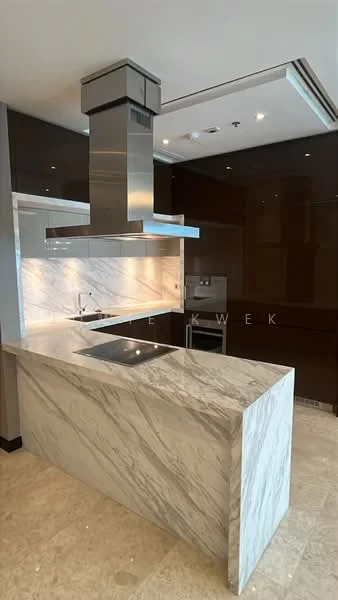 Kitchen features: marble countertop, stainless-steel range hood, built-in oven, ceramic tile backsplash, dark wood cabinetry, induction cooktop, recessed downlights, stone flooring, open layout; style: modern.