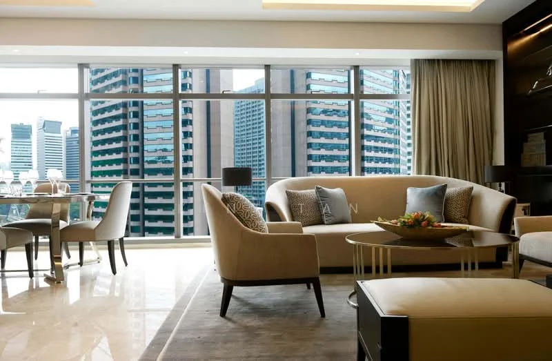 Living features: floor-to-ceiling windows, beige fabric sofa, 2-seater armchair, coffee table with decorative bowl, area rug, marble flooring, recessed downlights, curtains, dining table with 4 chairs, decorative fruit bowl on table; style: modern; view: city.