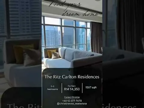 Living features: large floor-to-ceiling windows, city skyline view, light grey fabric sofa, coffee table, decorative cushions, area rug, curtains, wall-mounted TV, wooden flooring, recessed lighting; style: modern; view: city.