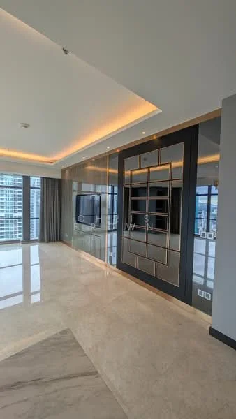 Living features: marble flooring, recessed downlights, feature wall with geometric design, floor-to-ceiling windows, grey curtains, built-in TV console, crown moulding, neutral wall colour; style: modern; view: city.