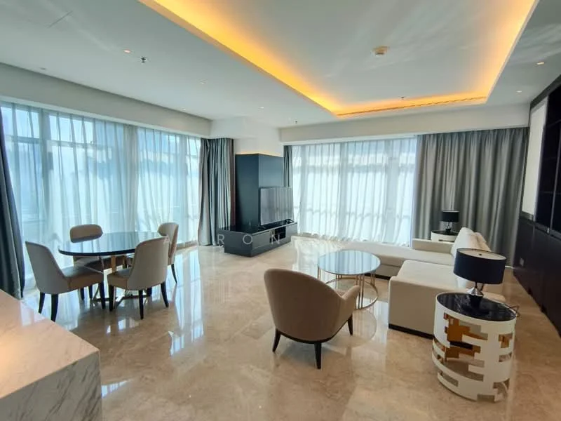 Living features: marble flooring, floor-to-ceiling windows, sheer curtains, grey drapes, recessed LED downlights, sofa in white fabric, coffee table with unique design, TV console with built-in storage, wall-mounted TV, dining table for four, upholstered dining chairs, decorative lamp, open layout, neutral color palette; style: modern; view: city.