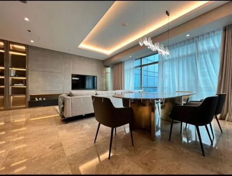 Living features: grey fabric sofa, glass dining table, 4 black dining chairs, wall-mounted TV, built-in shelving unit, marble flooring, recessed LED downlights, floor-to-ceiling windows with sheer curtains, decorative pendant light, neutral painted walls, crown moulding; style: modern; view: city.