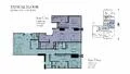 Floor plan: 3-bedroom 2-bathroom unit; features: open-plan kitchen-dining-living, master bedroom with ensuite bathroom, balcony off living room, utility room, laundry area, central foyer, 2 car porch, 1,250 sqft built-up.