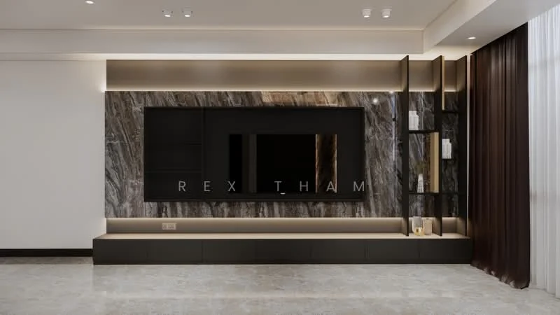 Living features: grey marble accent wall, black cabinetry, built-in TV unit, recessed lighting, LED strip lighting, light-coloured flooring, floor-to-ceiling windows with sheer curtains, decorative shelving unit, neutral wall colour, minimalist design; style: modern.