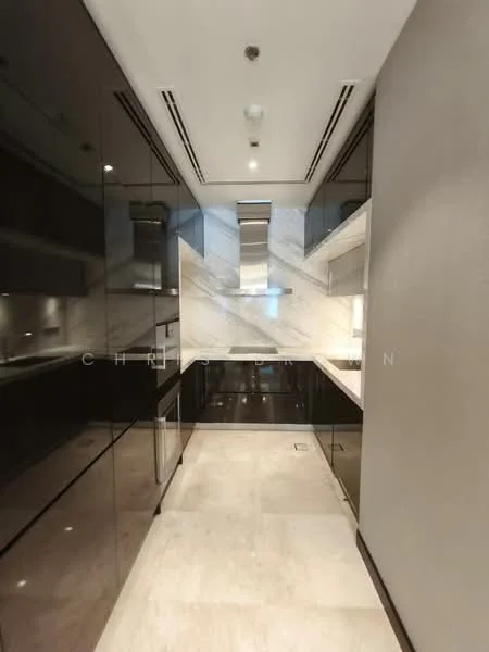 Kitchen features: black glossy cabinetry, marble countertop, built-in oven, stainless-steel sink, chrome pull-down faucet, recessed downlights, tile flooring, open layout, high ceilings, modern design; style: modern.