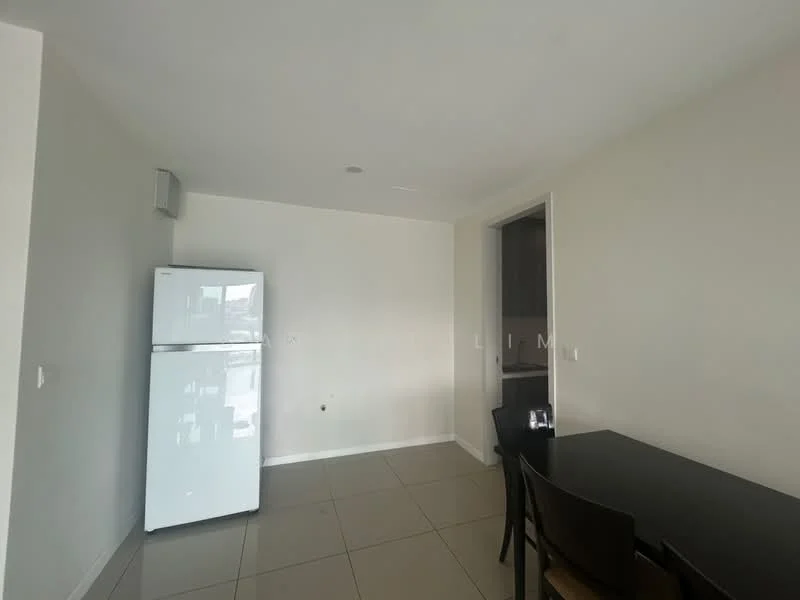 Room features: white walls, tile flooring, refrigerator, black dining table, 4 dining chairs, window, light fixture, air conditioning unit; style: modern.