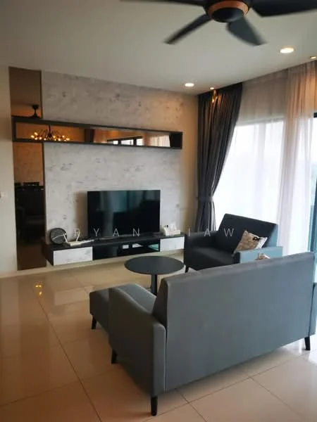 Living features: grey fabric sofa, 2-seater sofa, round coffee table, wall-mounted TV, white TV console, light grey accent wall, floor-to-ceiling windows, sheer curtains, recessed downlights, ceiling fan, decorative throw pillow, tile flooring; style: modern; view: city.