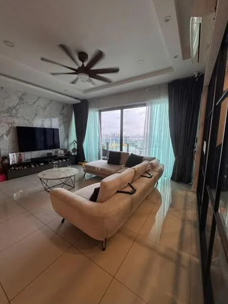 Living features: 3-seater fabric sofa in beige, black accent cushions, glass coffee table, wall-mounted TV, marble feature wall, floor-to-ceiling windows, sheer curtains, dark grey curtains, ceiling fan with 5 blades, recessed downlights, polished tile flooring; style: modern; view: city.