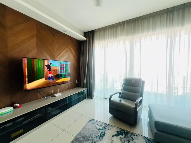 Living features: large flat-screen TV on wall-mounted unit, dark wood feature wall with herringbone pattern, light grey fabric sofa, recliner chair in dark leather, cream-colored tile flooring, sheer floor-to-ceiling curtains, decorative area rug with abstract pattern, built-in storage unit below TV; style: modern; view: city.