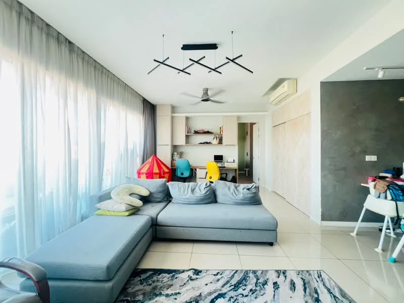 Living features: grey L-shape sectional sofa, area rug with geometric pattern, 5-blade ceiling fan with light, floor-to-ceiling windows with sheer curtains, wall-mounted TV, decorative wall with grey accent, built-in shelving unit, light-colored tile flooring; style: modern; view: city.