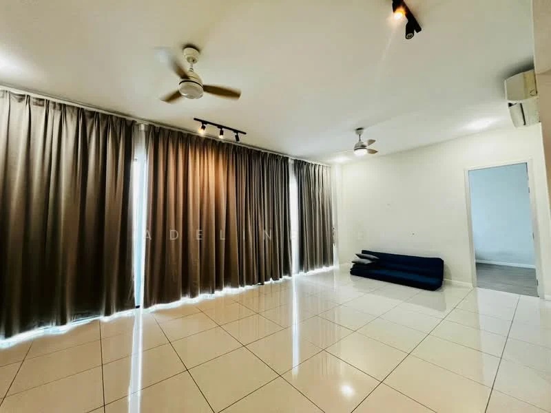 Living features: white painted walls, glossy ceramic tile flooring, 2 ceiling fans, recessed downlights, floor-to-ceiling windows with sheer curtains, light brown curtain drapes, blue sofa, air conditioning unit on wall; style: modern.