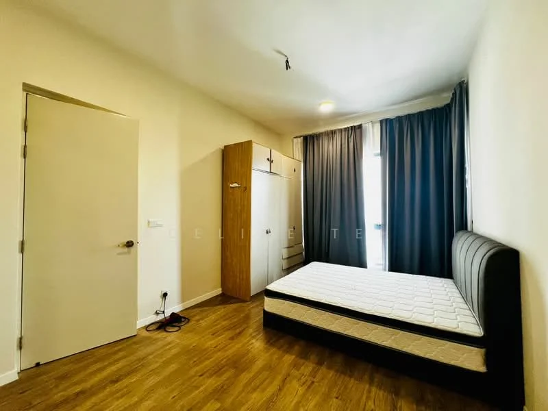 Bedroom features: wooden flooring, white painted walls, floor-to-ceiling window, black upholstered bed frame, mattress without bedding, built-in wardrobe with sliding doors, curtains, ceiling light; style: modern.