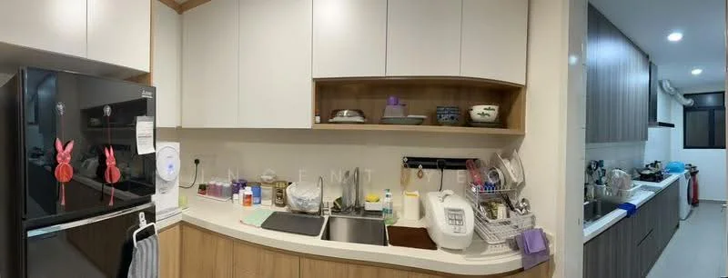 Kitchen features: L-shaped kitchen layout, white upper cabinets, wooden lower cabinets, stainless-steel sink, chrome pull-down faucet, black refrigerator, countertop with white surface, kitchen utensils on countertop, open shelving, microwave on countertop, various kitchen appliances, window with natural light; style: modern.