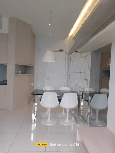 Dining features: white dining table, 4 white dining chairs, pendant light fixture, light wood cabinetry, white walls, glossy tile flooring, mirror wall, minimalist decor; style: modern. Kitchen features: light wood cabinetry, open kitchen layout, stainless-steel appliances; style: modern.