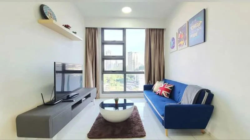 Living features: blue fabric sofa, coffee table with round shape, wall-mounted TV, TV console in grey, floor-to-ceiling windows, curtains in beige, decorative wall art, shelf with decorative items, white tiled flooring, recessed ceiling light; style: modern; view: city.