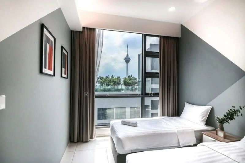 Bedroom features: two single beds with white bedding, grey painted walls, floor-to-ceiling windows, curtains, wooden bedside table, framed artwork on walls, tile flooring, decorative plant on bedside table; style: modern; view: city.