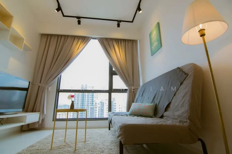 Living features: floor-to-ceiling windows, grey fabric sofa bed, small round side table, TV console, wall-mounted TV, light-colored area rug, curtains in light beige, decorative wall art, recessed ceiling lights, neutral painted walls; style: modern; view: city.