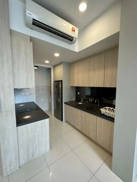 Kitchen features: light wood cabinetry, black countertop, stainless-steel fridge, built-in oven, ceramic tile flooring, wall-mounted split AC, white walls, recessed downlights, black backsplash; style: modern.