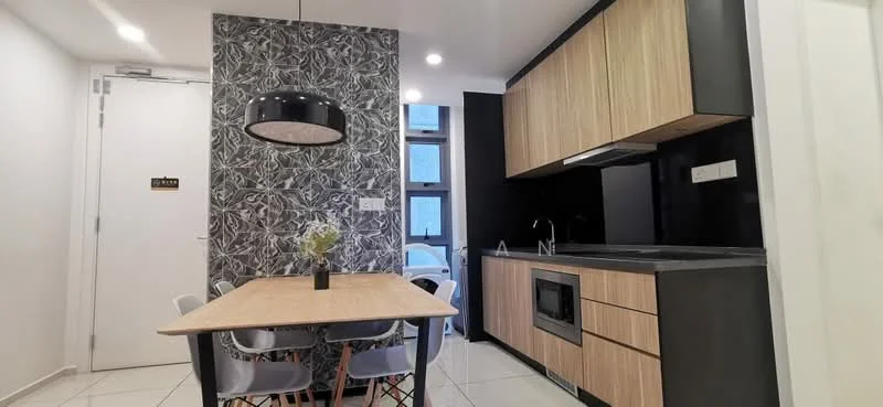 Kitchen features: wood cabinetry, black countertop, stainless-steel sink, chrome pull-down faucet, built-in microwave, freestanding range oven, white tiled backsplash, dining table with four chairs, pendant light fixture, wall-mounted cabinets, open shelving, white ceramic tile flooring, decorative wall with floral pattern, recessed downlights; style: modern.