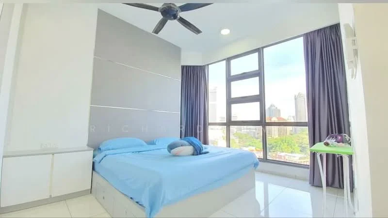 Bedroom features: king-size bed with blue bedding, upholstered headboard, floor-to-ceiling windows, city skyline view, white painted walls, white tiled flooring, ceiling fan, curtains, built-in wardrobe, nightstand, decorative pillow; style: modern; view: city.