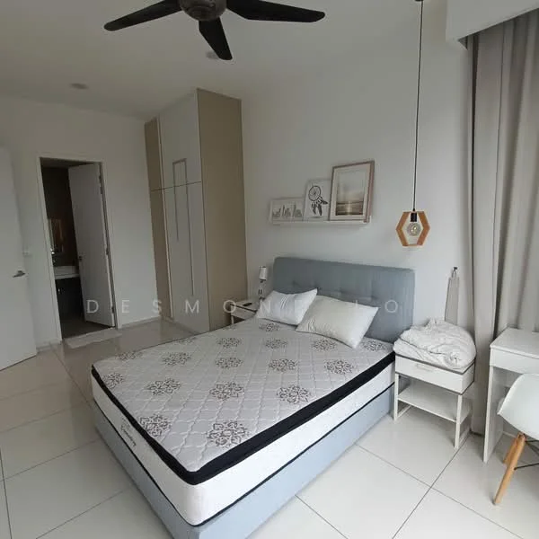 Bedroom features: queen-size bed with grey upholstered headboard, white bedding, 2 bedside tables, pendant light fixture, ceiling fan, built-in wardrobe with sliding doors, large window with sheer curtains, white walls, tile flooring, decorative wall art, study desk with chair; style: modern.