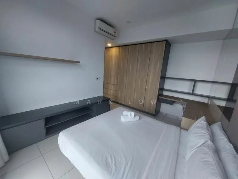 Bedroom features: queen-size bed with white bedding, wooden headboard, built-in wardrobe with sliding doors, wall-mounted air conditioning unit, floating shelf above bed, grey cabinetry, desk with chair, tile flooring, large window with sheer curtains, decorative towels on bed; style: modern.