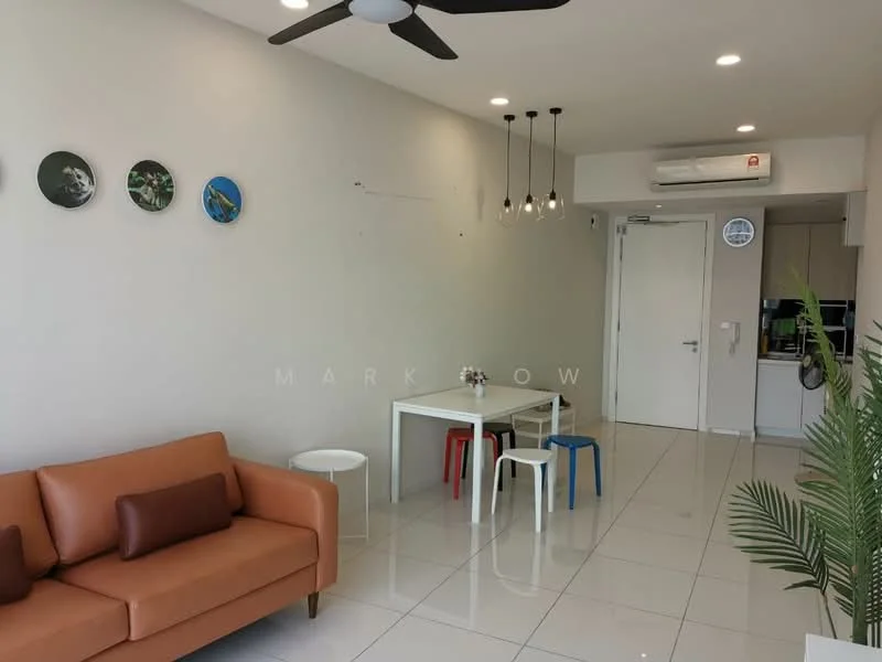 Living features: brown leather sofa, white dining table, blue chair, red chair, white tiled flooring, recessed LED downlights, 5-blade ceiling fan, wall-mounted air conditioning unit, decorative wall art, indoor plant; style: modern. Kitchen features: kitchen cabinetry, stainless-steel appliances, open layout; style: modern.