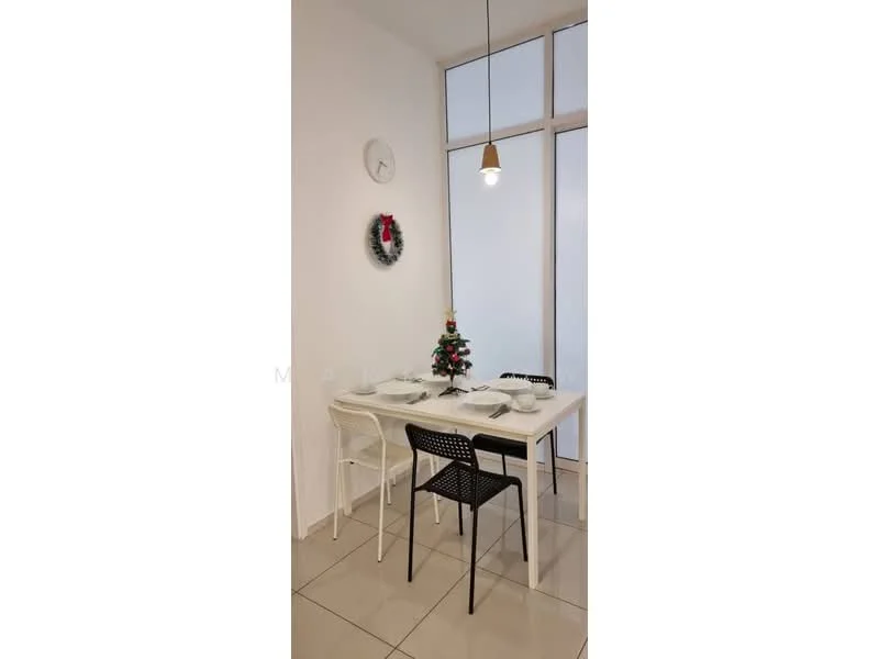 Dining features: white dining table, 4 white dining chairs, black dining chair, pendant light fixture, decorative wall clock, small Christmas tree, wreath on wall, large windows, tile flooring, neutral wall color; style: modern.