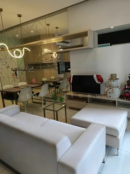Living features: white fabric sofa, glass coffee table, wall-mounted TV, decorative Christmas snowman, decorative Christmas tree, mirrored wall, dining table with chairs, recessed ceiling lights; style: modern.