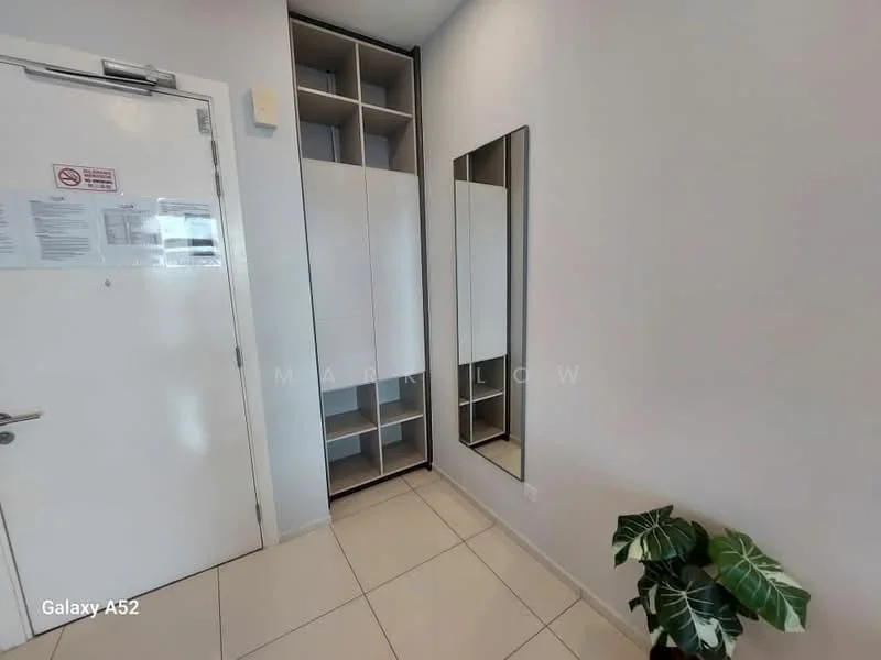 Room features: white painted walls, tile flooring, built-in shelving unit, full-length mirror, door with security lock, indoor plant; style: modern.