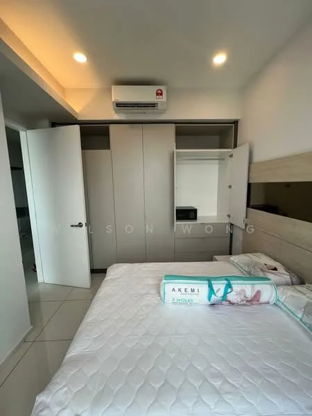 Bedroom features: queen-size bed, upholstered headboard, built-in wardrobe with sliding doors, 1 wall-mounted split AC, white painted walls, tile flooring, nightstand, decorative throw pillow; style: modern.