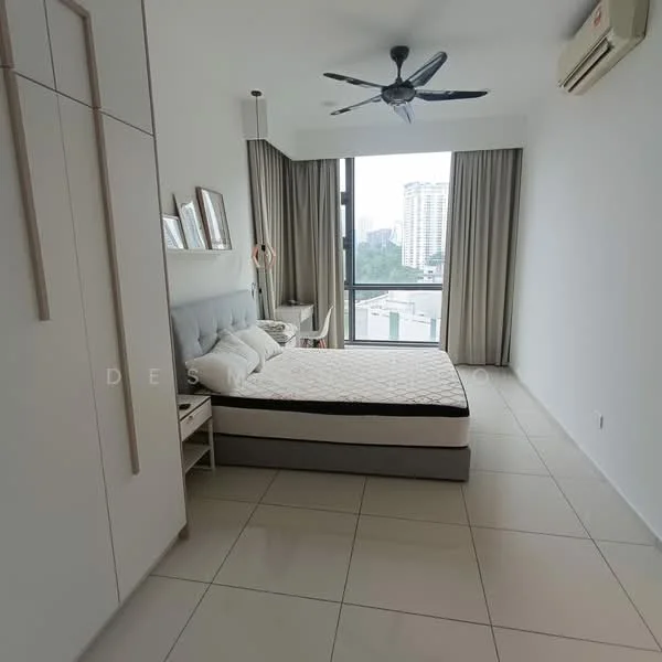 Bedroom features: queen-size bed, upholstered headboard, 2 bedside tables, floor-to-ceiling windows, curtains, ceiling fan, air conditioning unit, light-colored walls, tile flooring, decorative wall art; style: modern; view: city.