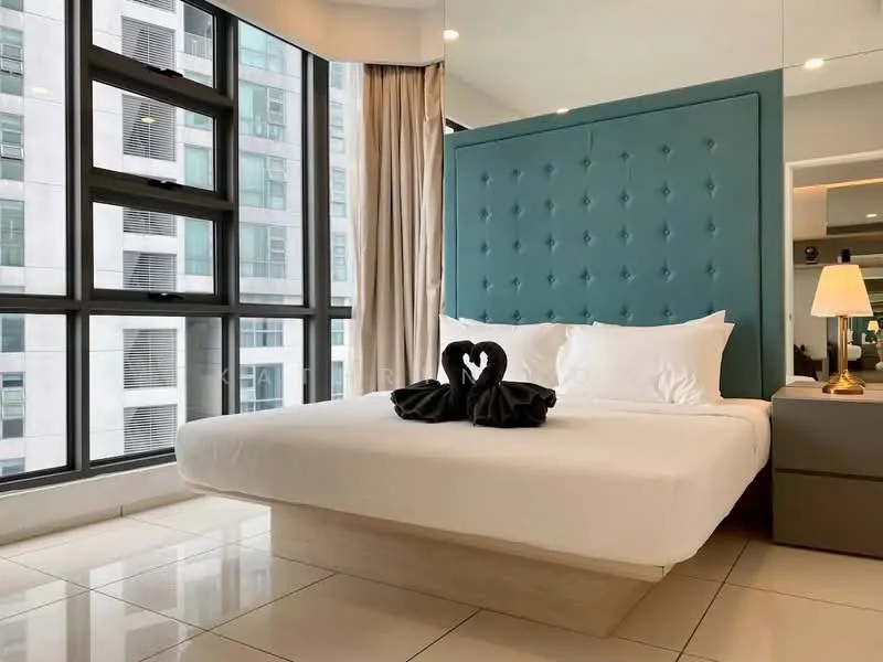 Bedroom features: king-size bed, upholstered headboard in teal, white bedding, decorative towel swans, nightstand with lamp, floor-to-ceiling windows, curtains, tile flooring, wall-mounted mirror, built-in wardrobe; style: modern; view: city.