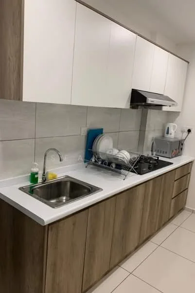 Kitchen features: single-bowl stainless-steel sink, chrome pull-down faucet, white quartz countertop, wood cabinetry with a light wood finish, built-in gas stove, stainless-steel range hood, white tiled backsplash, ceramic tile flooring, dish rack, cleaning supplies on countertop; style: modern.