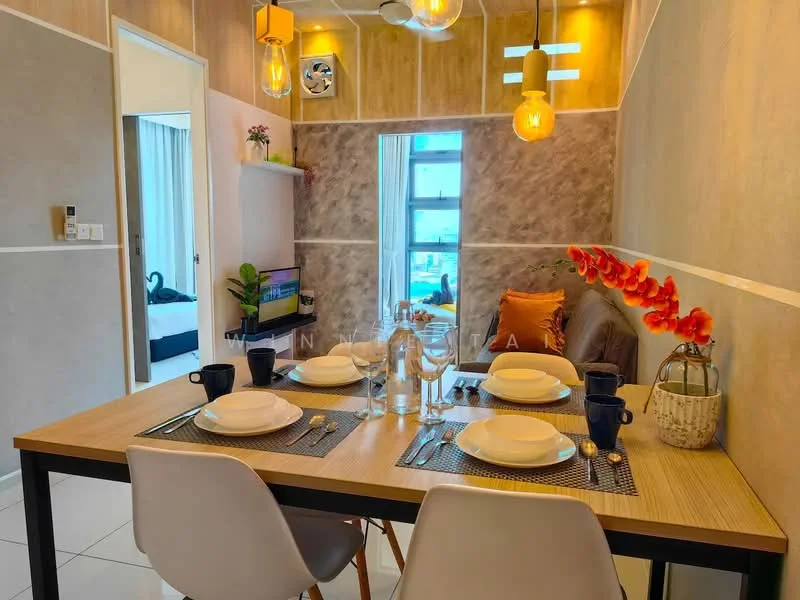 Dining features: wood dining table, 4 white dining chairs, table setting with plates and cutlery, decorative vase with flowers, wall-mounted TV, grey accent wall, white painted walls, pendant lighting, recessed ceiling lights, floor-to-ceiling window, curtains, sofa in background; style: modern; view: city.