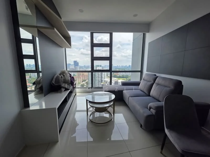 Living features: grey fabric sectional sofa, round coffee table with glass top, white TV console, wall-mounted TV, large floor-to-ceiling windows, city skyline view, white tiled flooring, decorative wall paneling; style: modern; view: city.