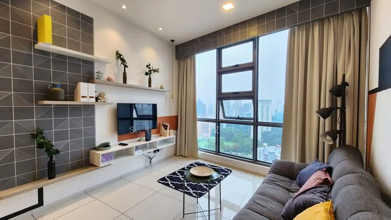 Living features: grey fabric sofa, black and white area rug, white wall-mounted TV console, wall-mounted TV, geometric accent wall with grey tiles, decorative plants on shelves, floor-to-ceiling windows, curtains, light fixture, coffee table; style: modern; view: city.