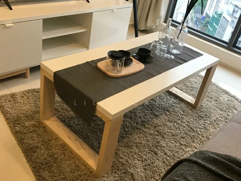 Living features: light wood coffee table, grey table runner, black ceramic cups, glass water carafe, glass drinking glasses, beige area rug, white sideboard, floor-to-ceiling windows, curtains, neutral wall color, sofa in the background; style: modern; view: city.