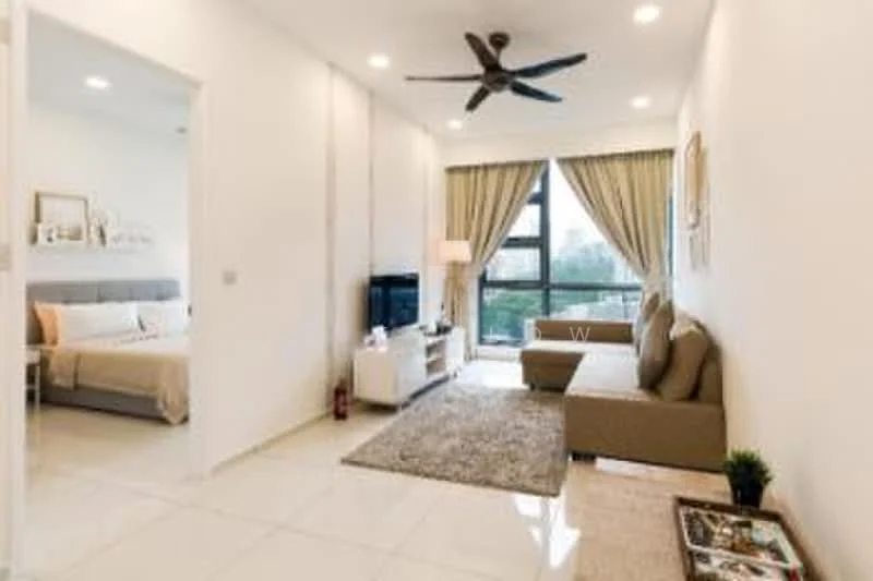 Living features: light grey fabric sofa, beige area rug, wall-mounted TV, TV console, recessed downlights, 5-blade ceiling fan, large windows with sheer curtains, decorative plant in pot; style: modern; view: city. Bedroom features: queen-size bed with grey upholstered headboard, bedding in neutral tones, nightstand with lamp, framed artwork on wall; style: modern.