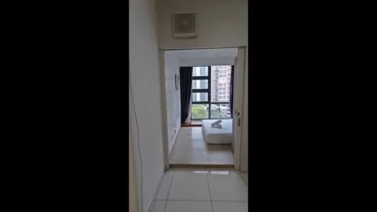 Room features: white painted walls, tile flooring, floor-to-ceiling windows, curtains, view of greenery, air conditioning unit; style: modern; view: garden.