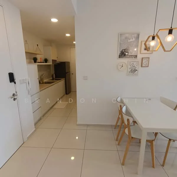 Kitchen features: white cabinetry, black countertop, stainless-steel fridge, built-in oven, freestanding range oven, single-bowl stainless-steel sink, chrome pull-down faucet, ceramic tile flooring, pendant lighting, open shelving, wall-mounted cabinets, dining table with four chairs, decorative wall art; style: modern.