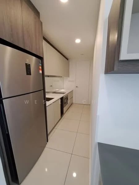 Kitchen features: stainless-steel fridge, built-in oven, freestanding range oven, white cabinetry, grey countertop, ceramic tile flooring, recessed downlights, wall-mounted cabinets, single-bowl stainless-steel sink, chrome pull-down faucet; style: modern.