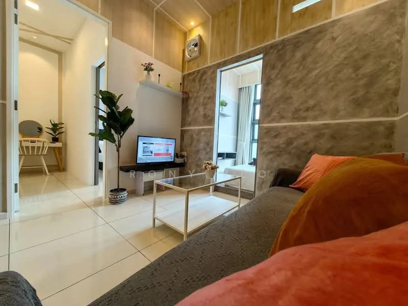 Living features: grey accent wall, cream painted walls, white tiled flooring, sofa with orange cushions, coffee table, wall-mounted TV, decorative plant, air conditioning unit, recessed lighting, large windows with natural light; style: modern. Room features: white walls, white tiled flooring, doorway leading to another room.