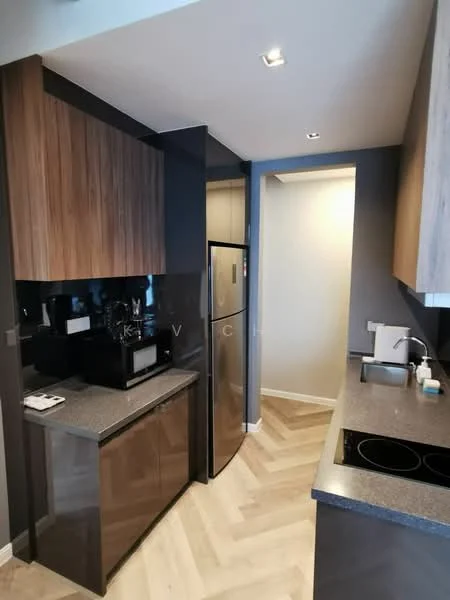 Kitchen features: grey granite countertop, dark wood cabinetry, stainless-steel fridge, built-in microwave, ceramic cooktop, black splashback, chevron-patterned laminate flooring, recessed downlights; style: modern.