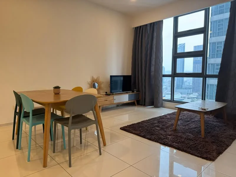 Living features: large floor-to-ceiling windows, grey curtains, light wood dining table, 4 dining chairs in different colors, light wood TV console, wall-mounted TV, brown area rug, cream painted walls, polished tile flooring, decorative plant on table, coffee table, sofa, city view; style: modern; view: city.