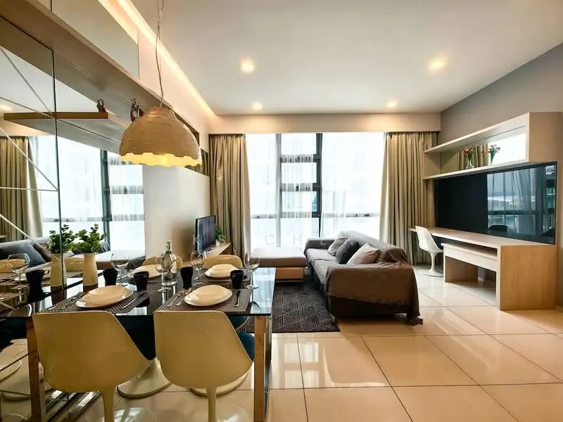 Living features: grey fabric sofa, 4-seater dining table, white dining chairs, pendant light fixture, floor-to-ceiling windows, sheer curtains, TV console, decorative plants, wall-mounted desk, tile flooring, recessed lighting, neutral wall color, open layout; style: modern; view: city.